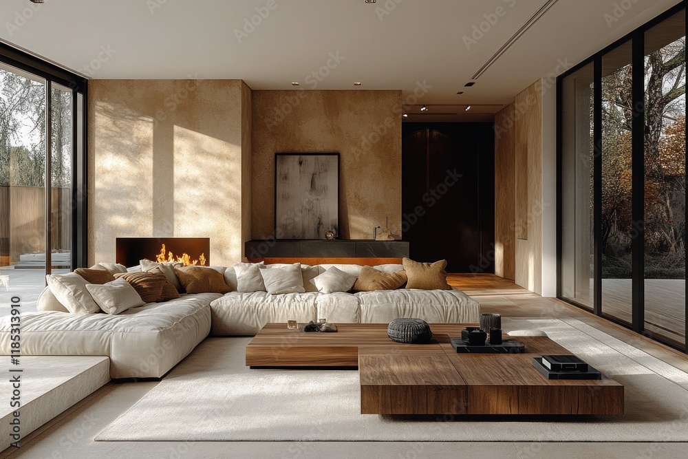 Fototapeta premium Cozy modern living room with sectional sofa and fireplace Scandinavian design