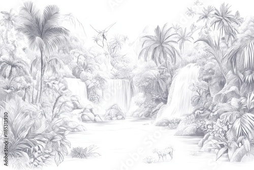 Black and white tropical jungle landscape with waterfalls and exotic foliage