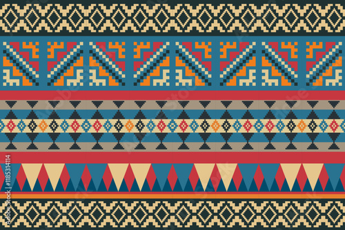  Geometric, seamless, traditional ethnic, thai pattern, fabric pattern for textiles, rugs, wallpaper, clothing, sarong, batik, wrapping, embroidery, print, background, cover, illustration, vector.
