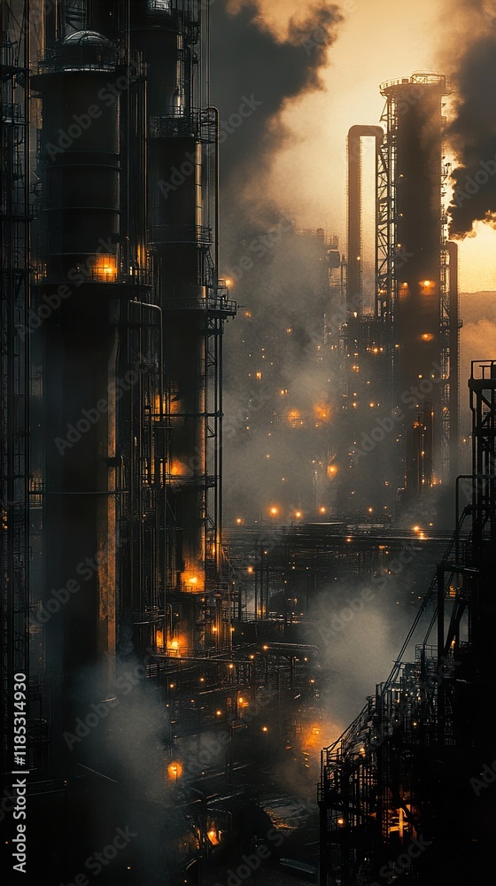 Fototapeta premium Nightfall at the Refinery: An Industrial Landscape