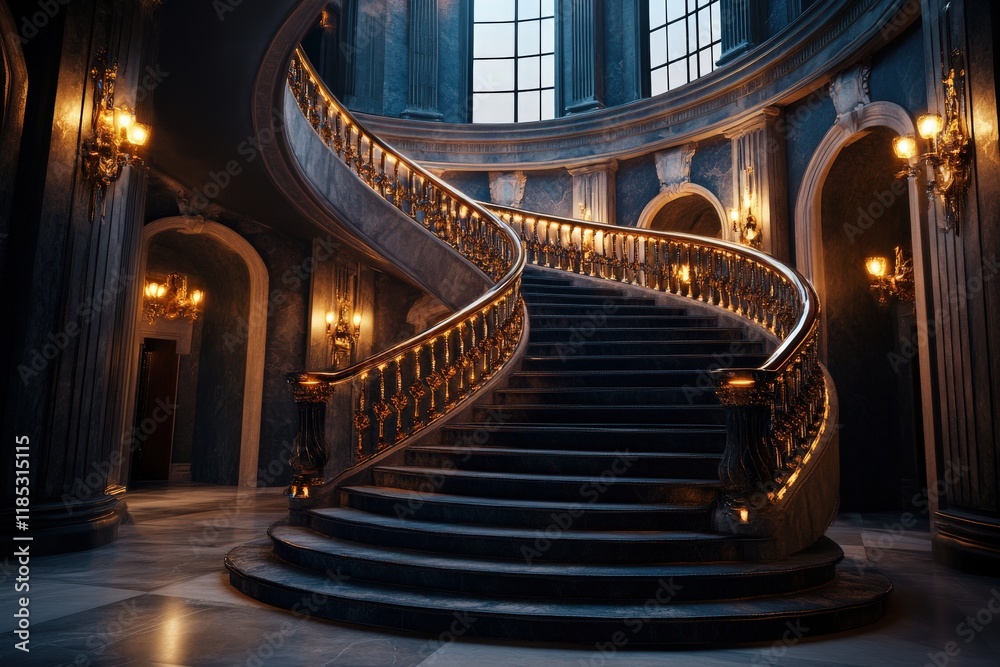 Obraz premium Elegant grand staircase with ornate railings in luxurious mansion interior