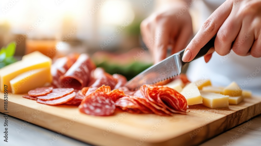 Cutting fresh salami for a delightful cheese and meat platter Cutting fresh salami for a delightful cheese and meat platter