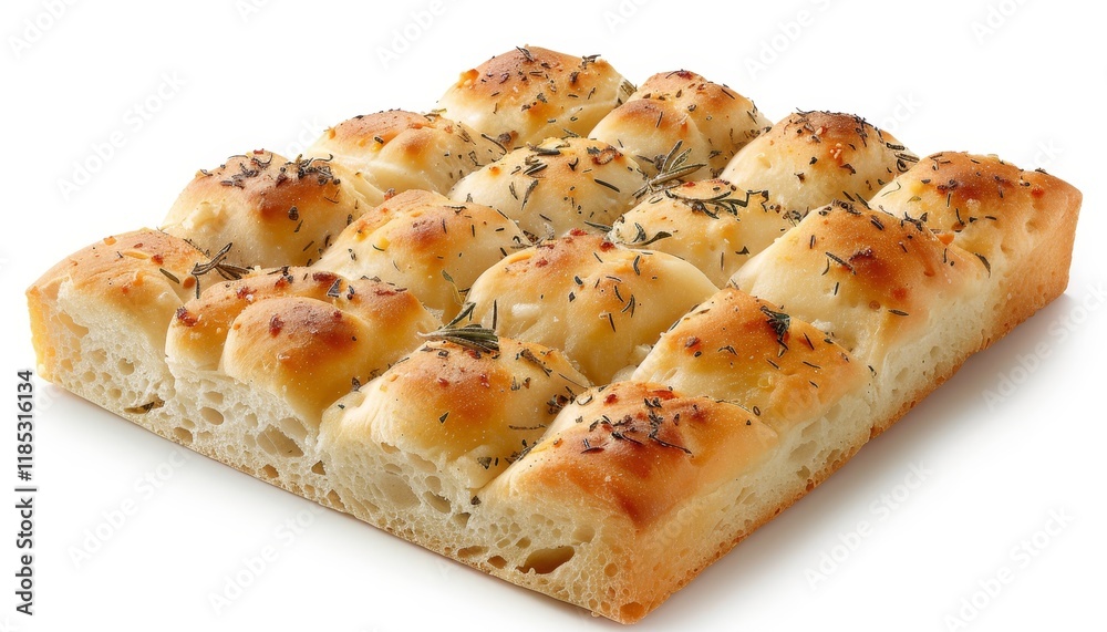 Close-up of a golden brown focaccia bread with rosemary and herbs on a white background. Close-up of a golden brown focaccia bread with rosemary and herbs on a white background.