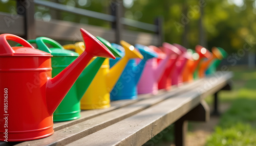 Wallpaper Mural Colorful Row of Metal Watering Cans in Garden Setting Torontodigital.ca
