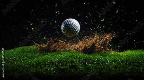 A golf ball falling in a grass on a golf course with a dirt splash