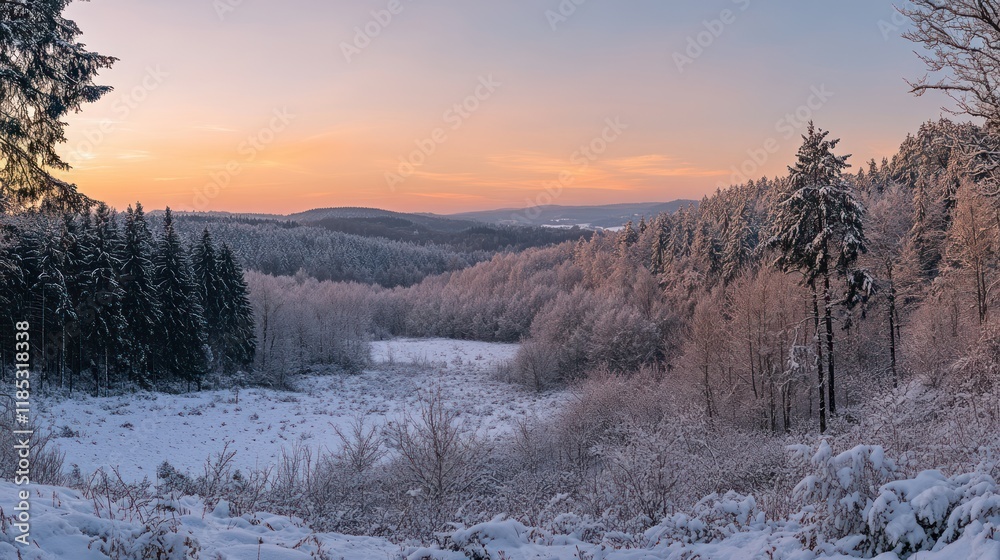 Snow covered forest at sunset with low, background valley, great for holiday cards Snow covered forest at sunset with low, background valley, great for holiday cards