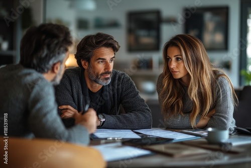 Young couple talking to their financial advisor before signing contract in office. Generative AI