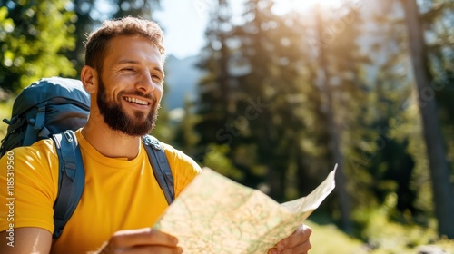 Man focused on navigating mountain trails while reading a map photo