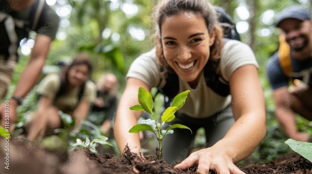 Hikers joyfully picking plants while exploring a lush forest Hikers joyfully picking plants while exploring a lush forest