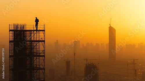 Golden Hour Construction: A lone worker silhouetted against a hazy cityscape during sunset, signifying urban development and progress.