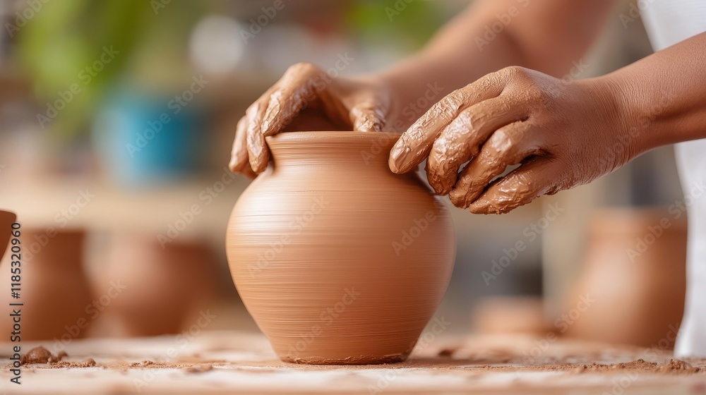 Creative woman shapes clay into beautiful pottery in her artistic studio Creative woman shapes clay into beautiful pottery in her artistic studio