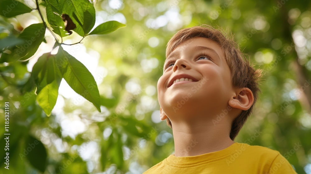 Curious boy exploring the wonders of a sunlit forest Curious boy exploring the wonders of a sunlit forest