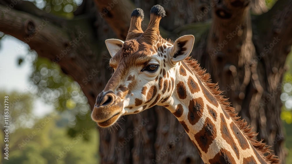 A majestic giraffe stands tall, its distinctive brown spots glistening in the sunlight as it gazes forward through a lush, green landscape blurred into soft focus A majestic giraffe stands tall, its distinctive brown spots glistening in the sunlight as it gazes forward through a lush, green landscape blurred into soft focus