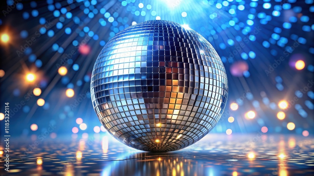 Obraz premium Silver disco mirror ball reflecting blue and gold lights, disco, mirror ball, silver, reflections, blue, gold, party