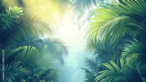 Sunlit tropical jungle canopy with lush green palm leaves and misty background.