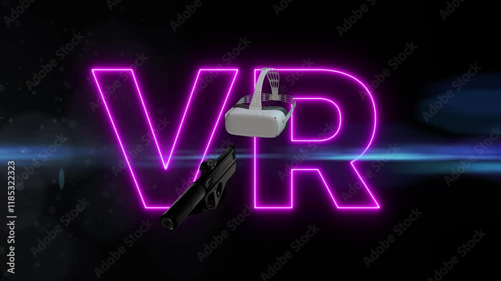 VR gaming headline neon glowing title with 3d goggles and scifi cyberpunk firing game weapon