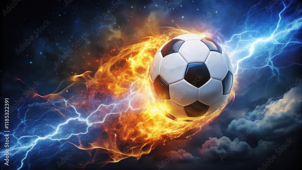 Fototapeta premium Soccer ball with flames and lightning flying on night sky, soccer, ball, flames, lightning, night, sky, action, motion, speed