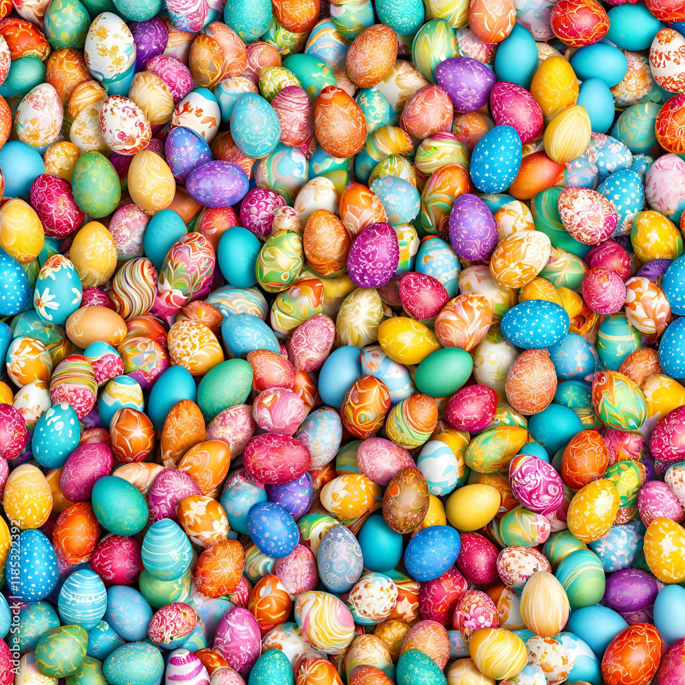 A colorful and vibrant collection of Easter eggs in various pastel shades and intricate patterns, creating a festive and joyful atmosphere perfect for spring celebrations.