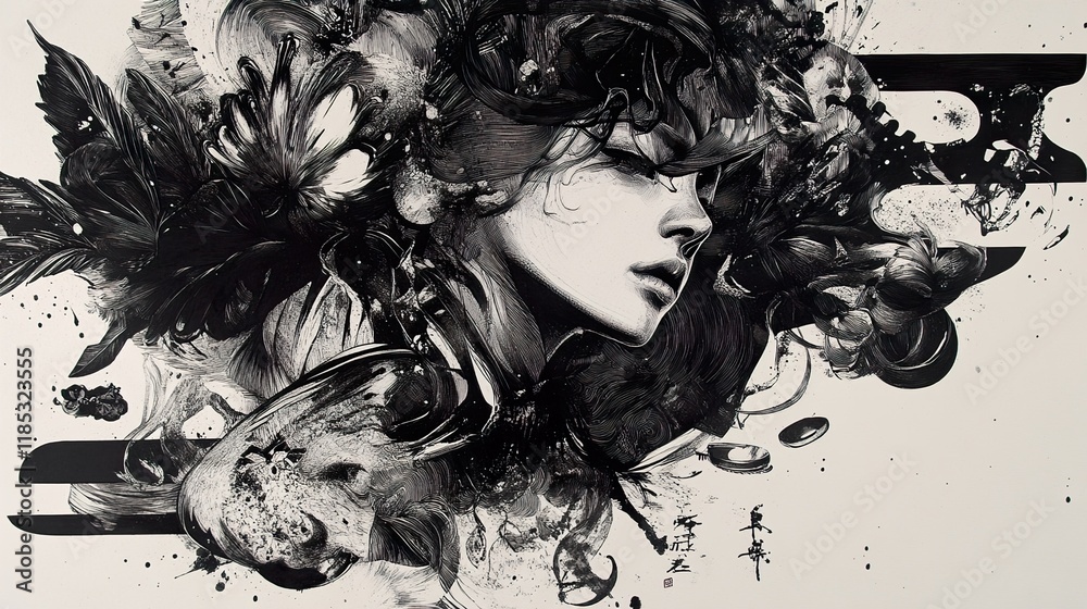 Fototapeta premium Monochrome Abstract Woman Portrait: Ink and Brushstrokes