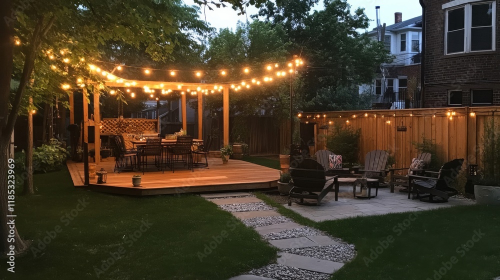 Obraz premium Serene Backyard Deck with String Lights at Dusk