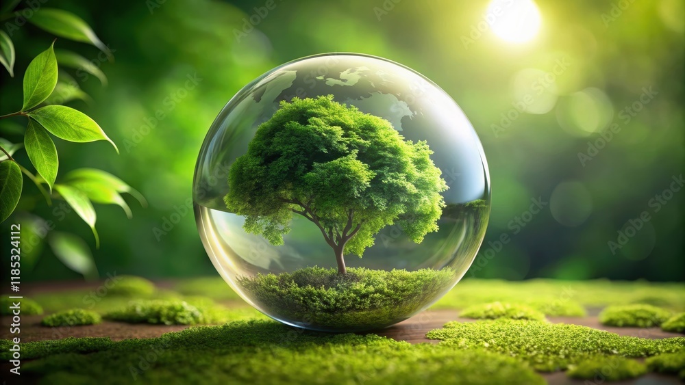 Green world concept inside a glass globe, eco-friendly, sustainable, environment, earth, planet, conservation, ecology Green world concept inside a glass globe, eco-friendly, sustainable, environment, earth, planet, conservation, ecology