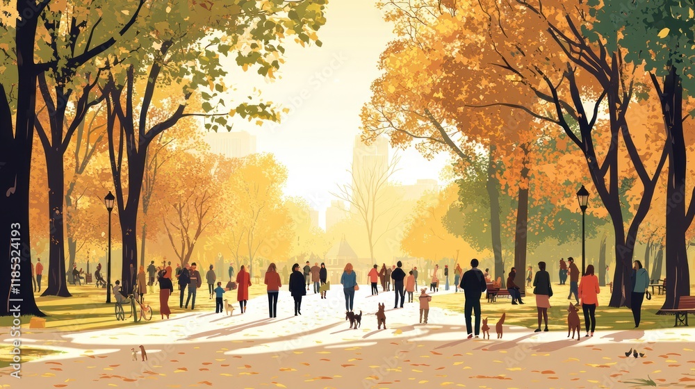Obraz premium Autumn park scene with people walking, dogs, and fallen leaves.