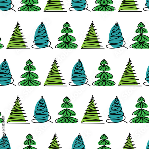 Colorful pattern of stylized trees in green and blue on a white background