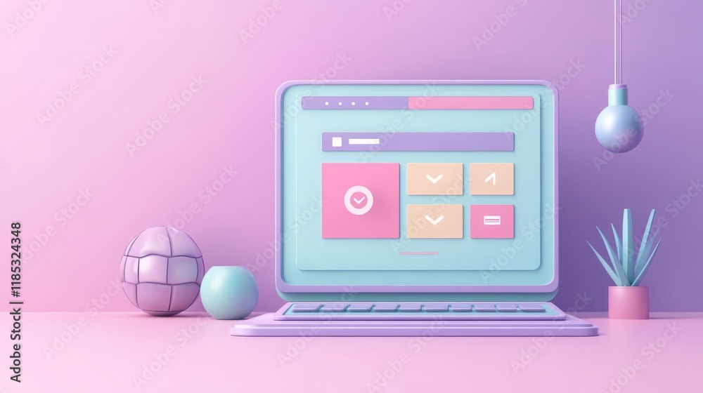 A pastel-colored laptop displaying a user interface with decorative elements. A pastel-colored laptop displaying a user interface with decorative elements.