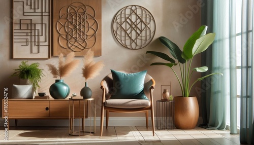 Modern living room, geometric wood paneling, teal accent wall, mid-century armchair, minimalist art gallery, potted plants, neutral color palette, natural light, textured rug, Scandinavian design infl photo