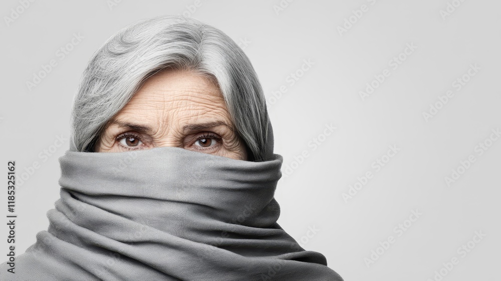 Naklejka premium Close-Up Portrait of an Elderly Woman with Gray Hair and Intense Eyes Wrapped in a Soft Grey Scarf Against a Neutral Background Evoking Mystery and Emotion