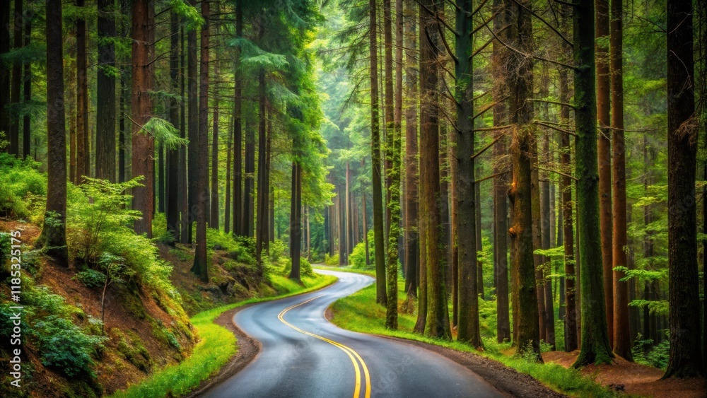 Winding road surrounded by tall trees in a lush forest, winding road, trees, forest, nature, landscape, outdoors, greenery Winding road surrounded by tall trees in a lush forest, winding road, trees, forest, nature, landscape, outdoors, greenery