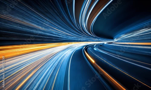 Abstract blue and orange light trails creating a tunnel effect, representing speed and movement.