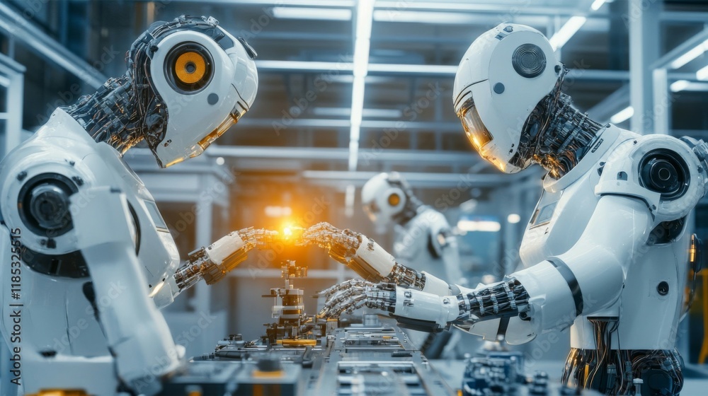 Fototapeta premium Collaborative Robots Working in a Futuristic Factory Setting