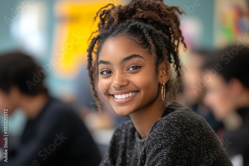 Happy black student and her friends talk while learning in classroom at high school. Generative AI