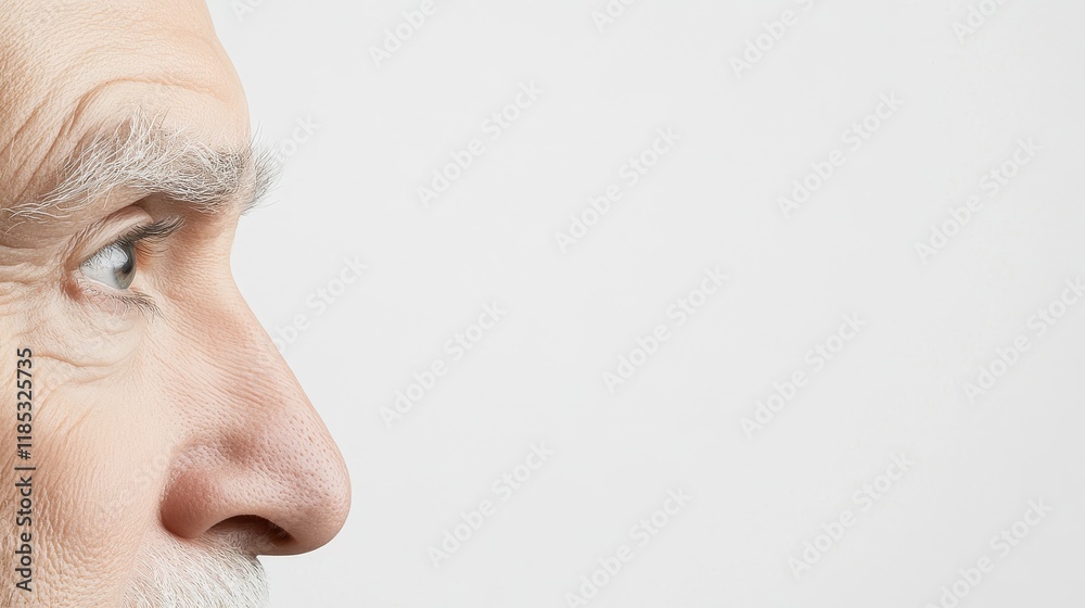 Fototapeta premium Profile portrait of an elderly man showcasing fine details of age, wisdom, and character against a clean, neutral background, emphasizing facial features and expressions