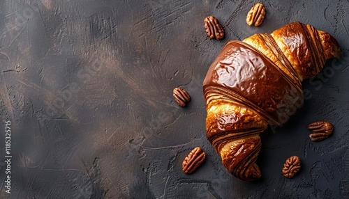 A single, chocolate-glazed croissant on a rustic background, with several pecans surrounding it.