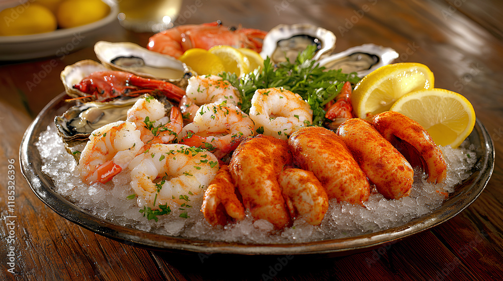 Spiced Seafood Platter with Oysters, Shrimp, Crab Legs, and Scallops on Crushed Ice
Spiced Seafood Platter with Oysters, Shrimp, Crab Legs, and Scallops on Crushed Ice