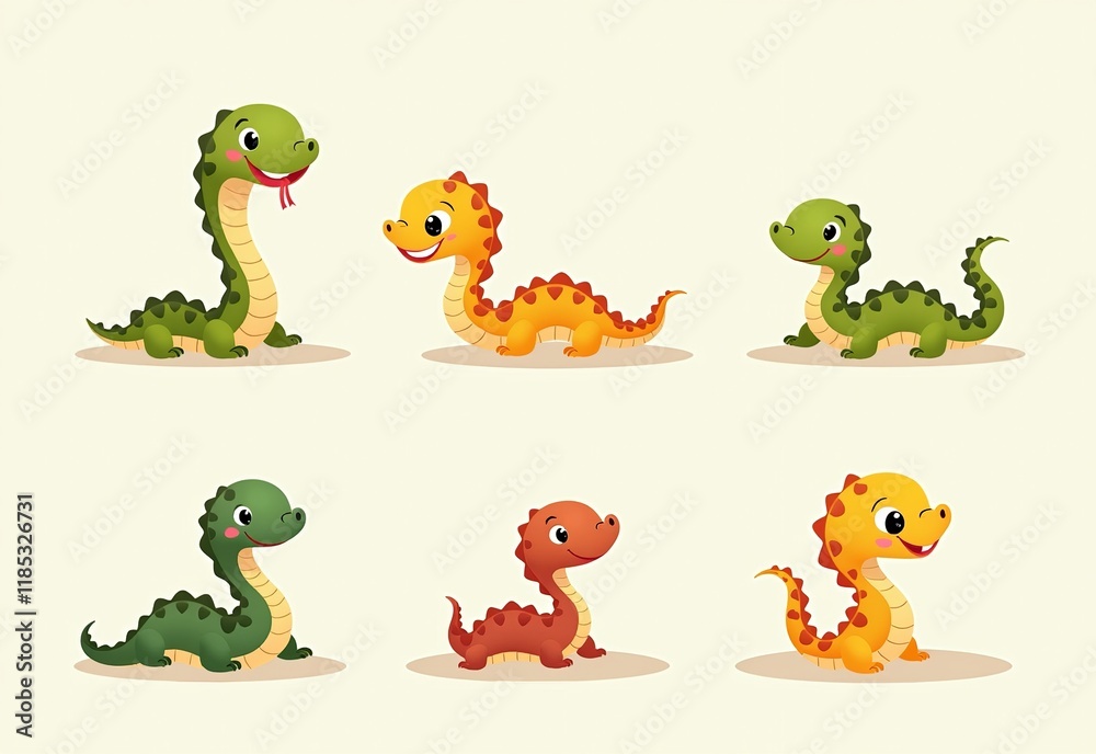 Obraz premium Funny Wild Snake Babies: Delightful Cartoon Vector Illustrations of Cute Snakes Perfect for Children's Books, Merchandise, and Educational Materials