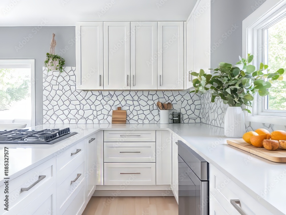 Modern White Kitchen Design With Geometric Tile Backsplash