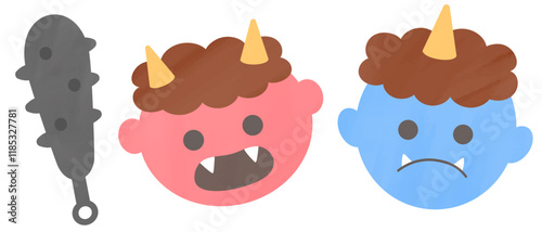 かわいい手書き水彩風の赤鬼と青鬼のイラスト　ベクター