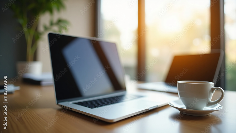 Modern Office Workspace with Laptop and Coffee. Modern Office Workspace with Laptop and Coffee.
