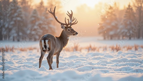 A majestic fallow deer stands proudly in a winter wonderland, its light brown coat glistening with frost as it gazes right, regal antlers crowned atop its noble head photo