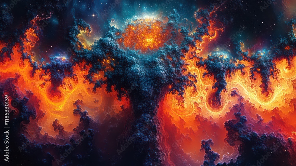 Cosmic Inferno: A fiery fractal nebula explodes with vibrant orange and blue hues, a celestial dance of energy and chaos. Cosmic Inferno: A fiery fractal nebula explodes with vibrant orange and blue hues, a celestial dance of energy and chaos.