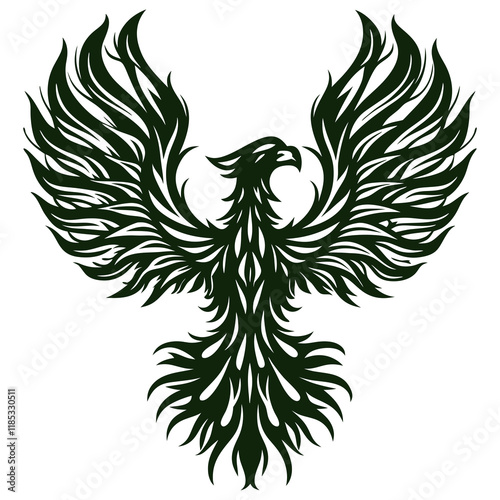 Vector Illustration of a Phoenix with Spread Wings, Featuring Fiery Feathers, Majestic Detail, and a Soaring Pose, Symbolizing Rebirth, Strength, and Immortality, Perfect for Mythical Creature Artwork