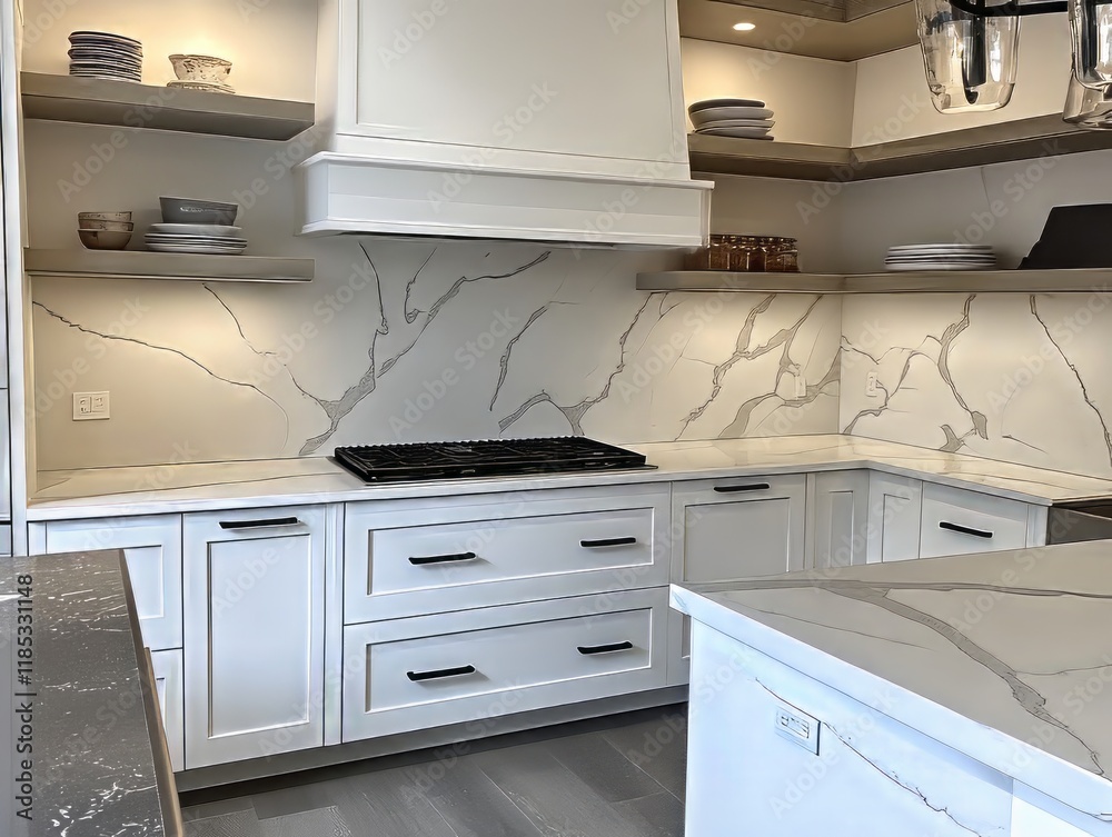 Fototapeta premium Modern Kitchen Design With Marble Backsplash And White Cabinets