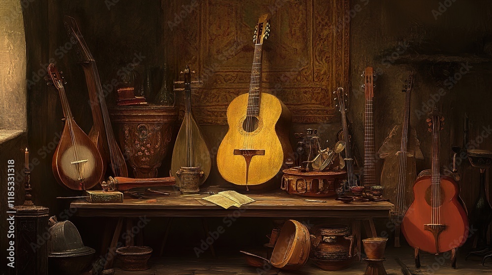 Naklejka premium Vintage Musical Instruments: A Still Life Painting
