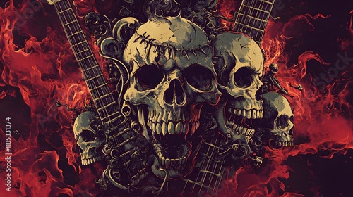 Flaming Guitars and Skulls Rock Art Design
