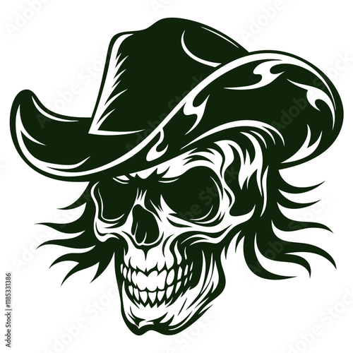 Cowboy Skeleton Vector Illustration Featuring a Spooky, Wild West-Inspired Design with Detailed Bone Structure, Classic Cowboy Hat, and Bold Linework, Perfect for Halloween Art, Western Themes, and Un