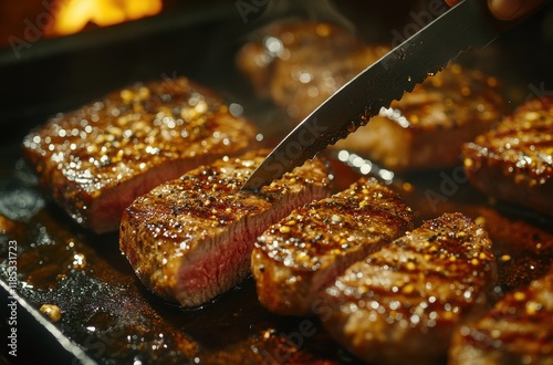 Delicious Grilled Steak Being Sliced with a Sharp Knife in a Warm and Inviting Kitchen Setting Amidst a Background of Smoke and Seductive Aromas