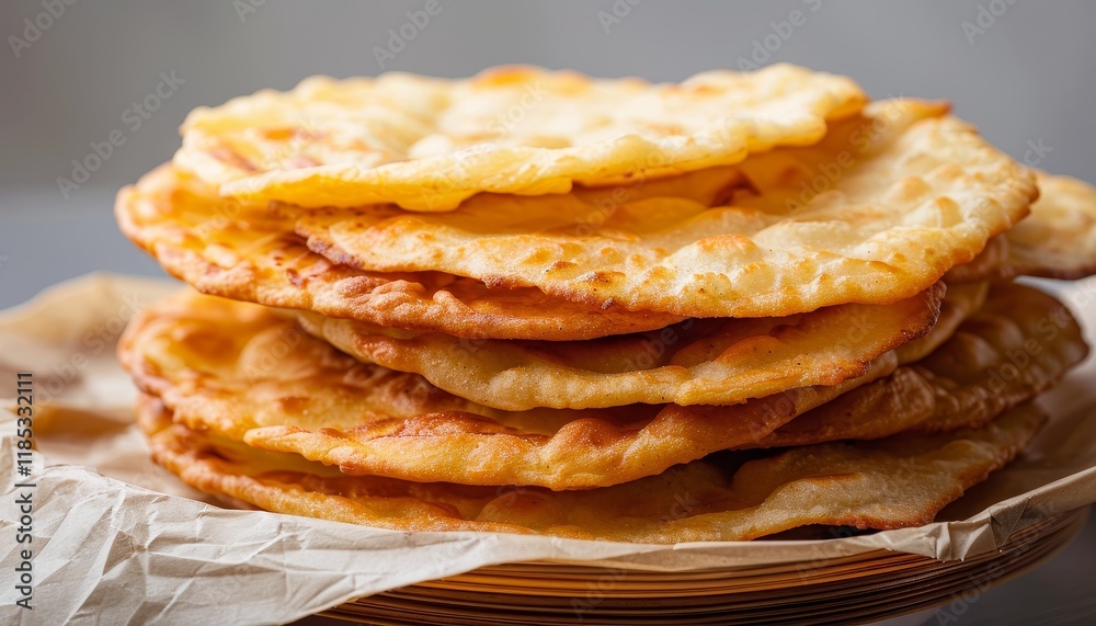 A stack of freshly baked flatbreads on parchment paper. A stack of freshly baked flatbreads on parchment paper.